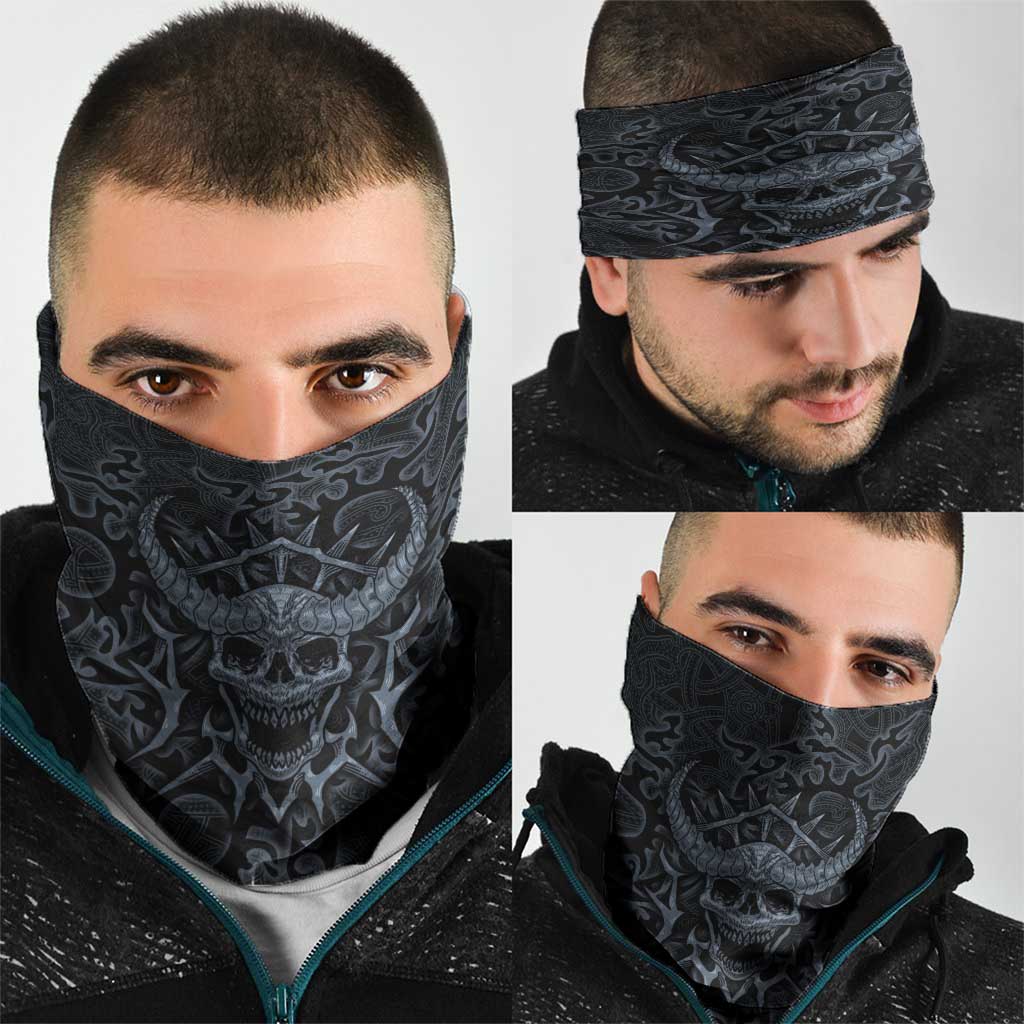 Viking Horned Skull and Raven Emblem Neck Gaiter Dark Nordic Tribal Grunge Illustration