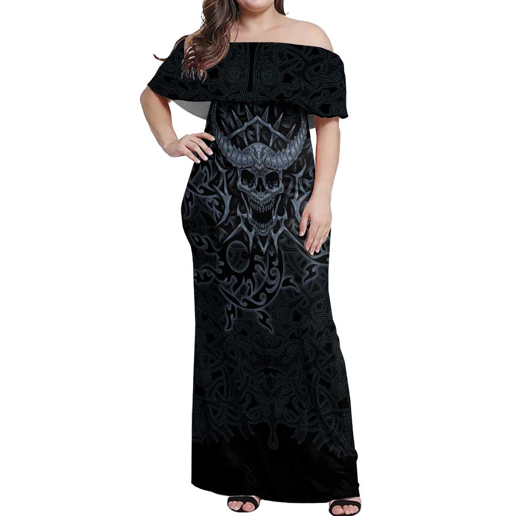 Viking Horned Skull and Raven Emblem Off Shoulder Maxi Dress Dark Nordic Tribal Grunge Illustration