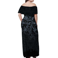 Viking Horned Skull and Raven Emblem Off Shoulder Maxi Dress Dark Nordic Tribal Grunge Illustration