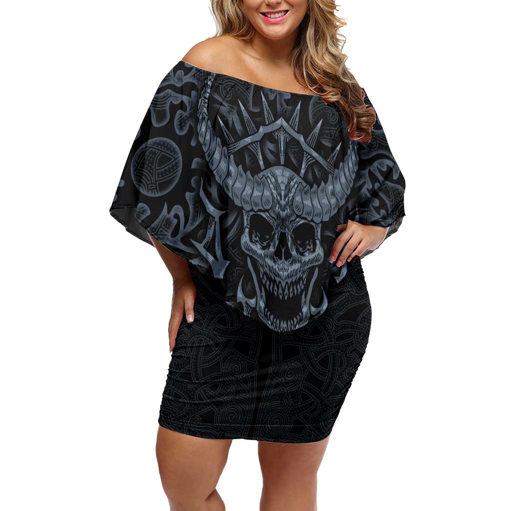 Viking Horned Skull and Raven Emblem Off Shoulder Short Dress Dark Nordic Tribal Grunge Illustration