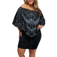 Viking Horned Skull and Raven Emblem Off Shoulder Short Dress Dark Nordic Tribal Grunge Illustration