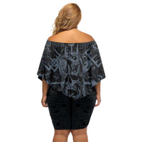 Viking Horned Skull and Raven Emblem Off Shoulder Short Dress Dark Nordic Tribal Grunge Illustration