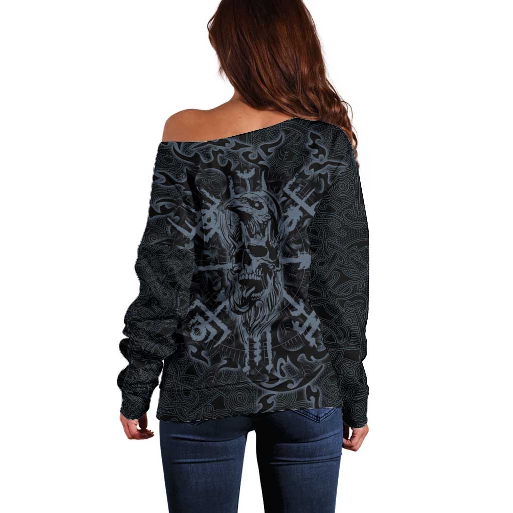 Viking Horned Skull and Raven Emblem Off Shoulder Sweater Dark Nordic Tribal Grunge Illustration
