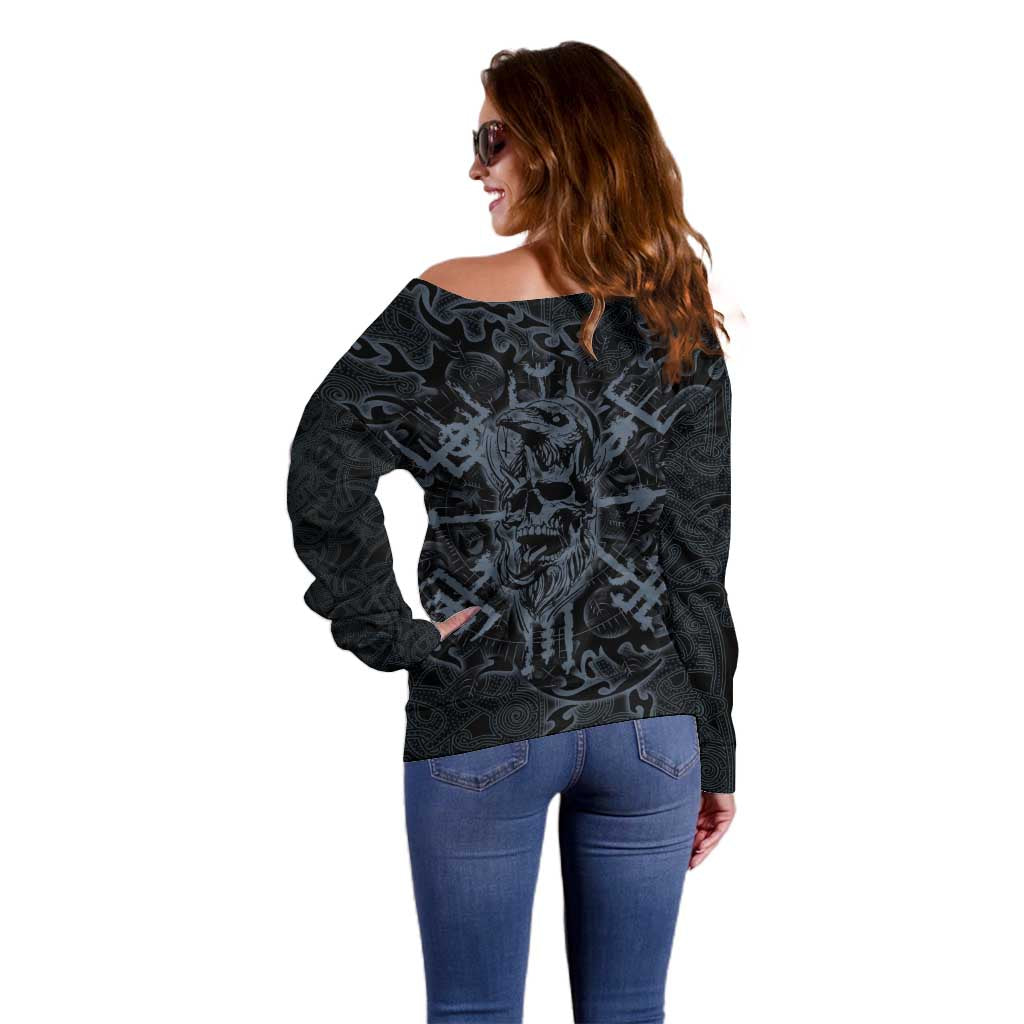 Viking Horned Skull and Raven Emblem Off Shoulder Sweater Dark Nordic Tribal Grunge Illustration