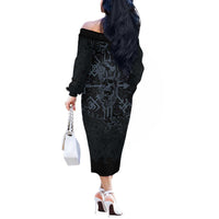 Viking Horned Skull and Raven Emblem Off The Shoulder Long Sleeve Dress Dark Nordic Tribal Grunge Illustration