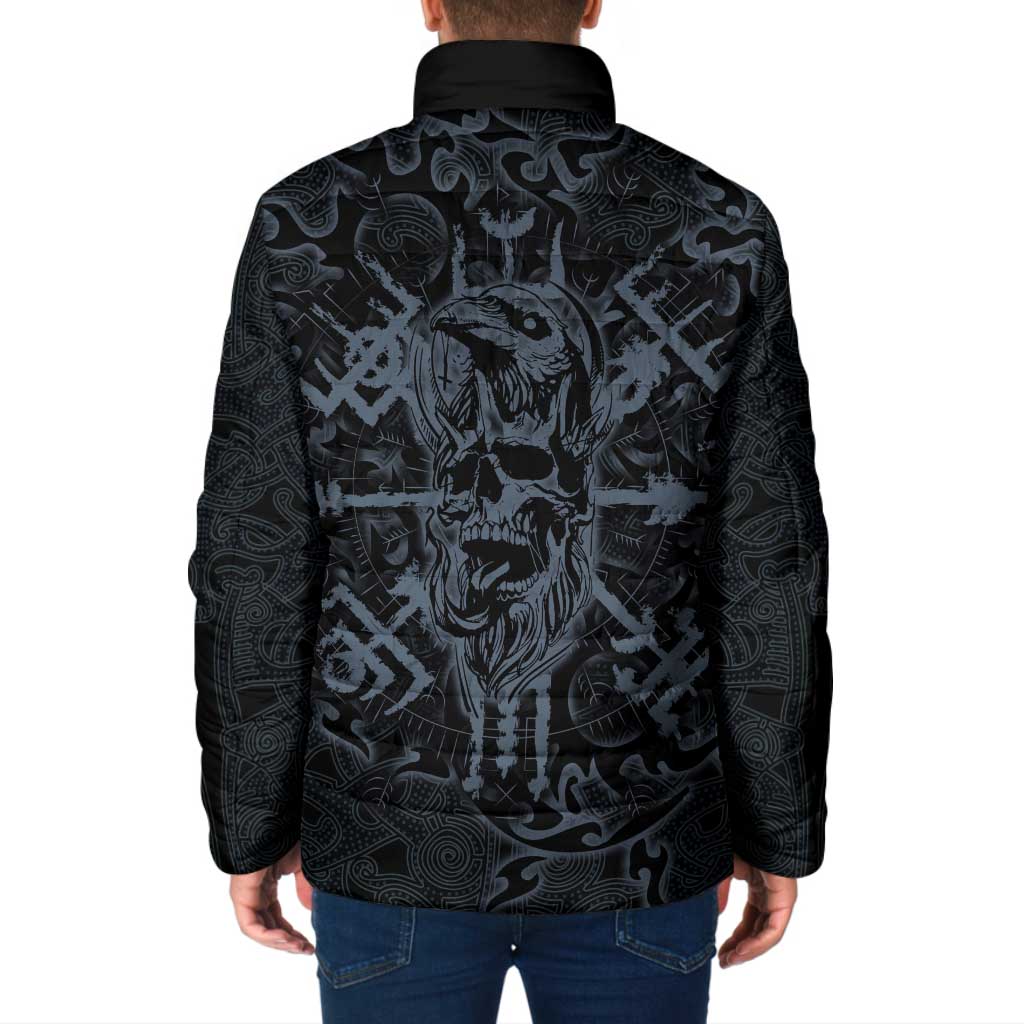 Viking Horned Skull and Raven Emblem Padded Jacket Dark Nordic Tribal Grunge Illustration