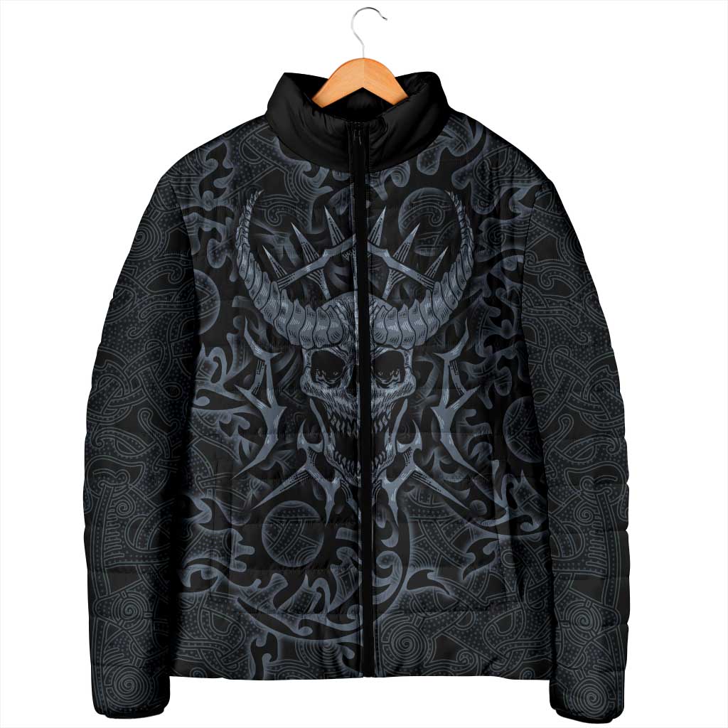 Viking Horned Skull and Raven Emblem Padded Jacket Dark Nordic Tribal Grunge Illustration