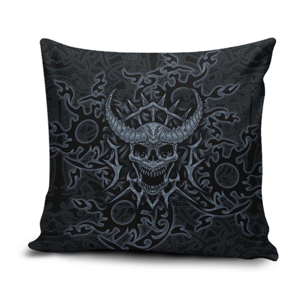 Viking Horned Skull and Raven Emblem Pillow Cover Dark Nordic Tribal Grunge Illustration
