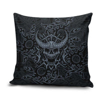 Viking Horned Skull and Raven Emblem Pillow Cover Dark Nordic Tribal Grunge Illustration