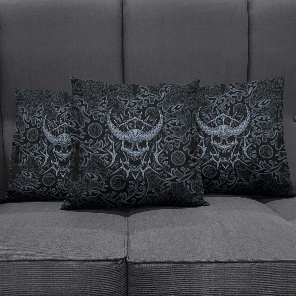 Viking Horned Skull and Raven Emblem Pillow Cover Dark Nordic Tribal Grunge Illustration