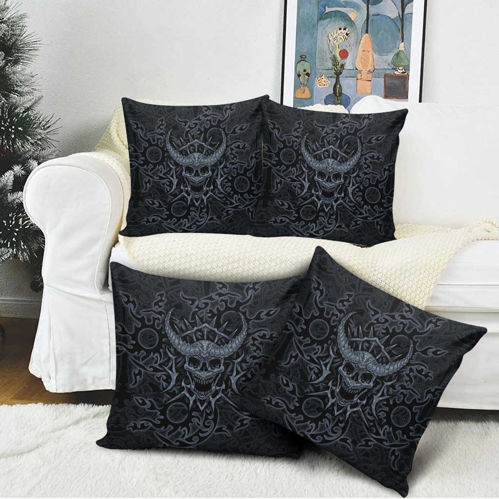Viking Horned Skull and Raven Emblem Pillow Cover Dark Nordic Tribal Grunge Illustration