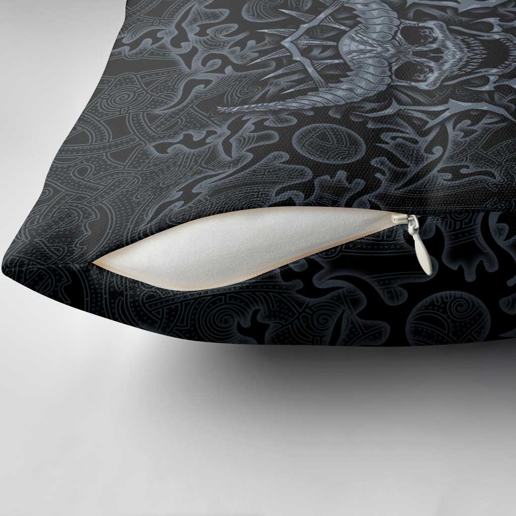 Viking Horned Skull and Raven Emblem Pillow Cover Dark Nordic Tribal Grunge Illustration