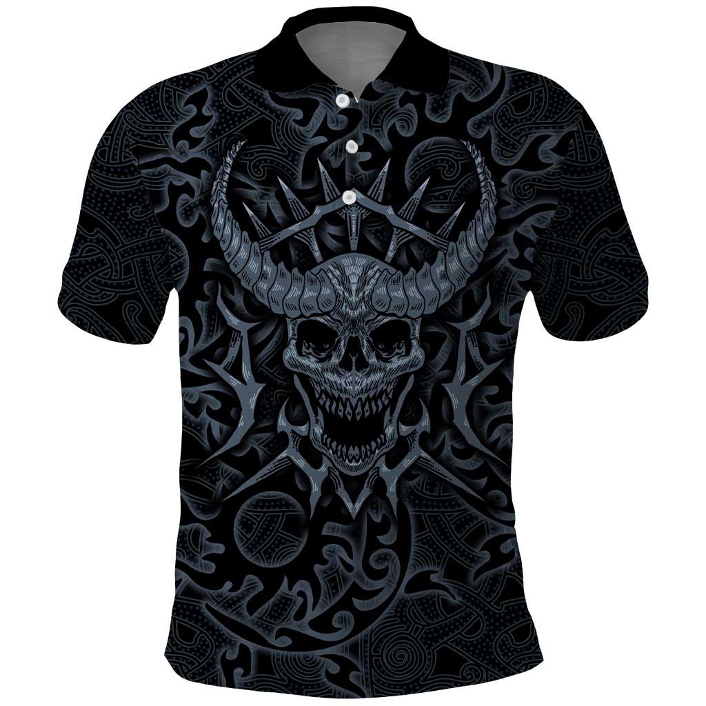 Viking Horned Skull and Raven Emblem Polo Shirt Dark Nordic Tribal Grunge Illustration