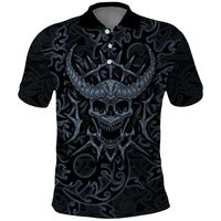 Viking Horned Skull and Raven Emblem Polo Shirt Dark Nordic Tribal Grunge Illustration