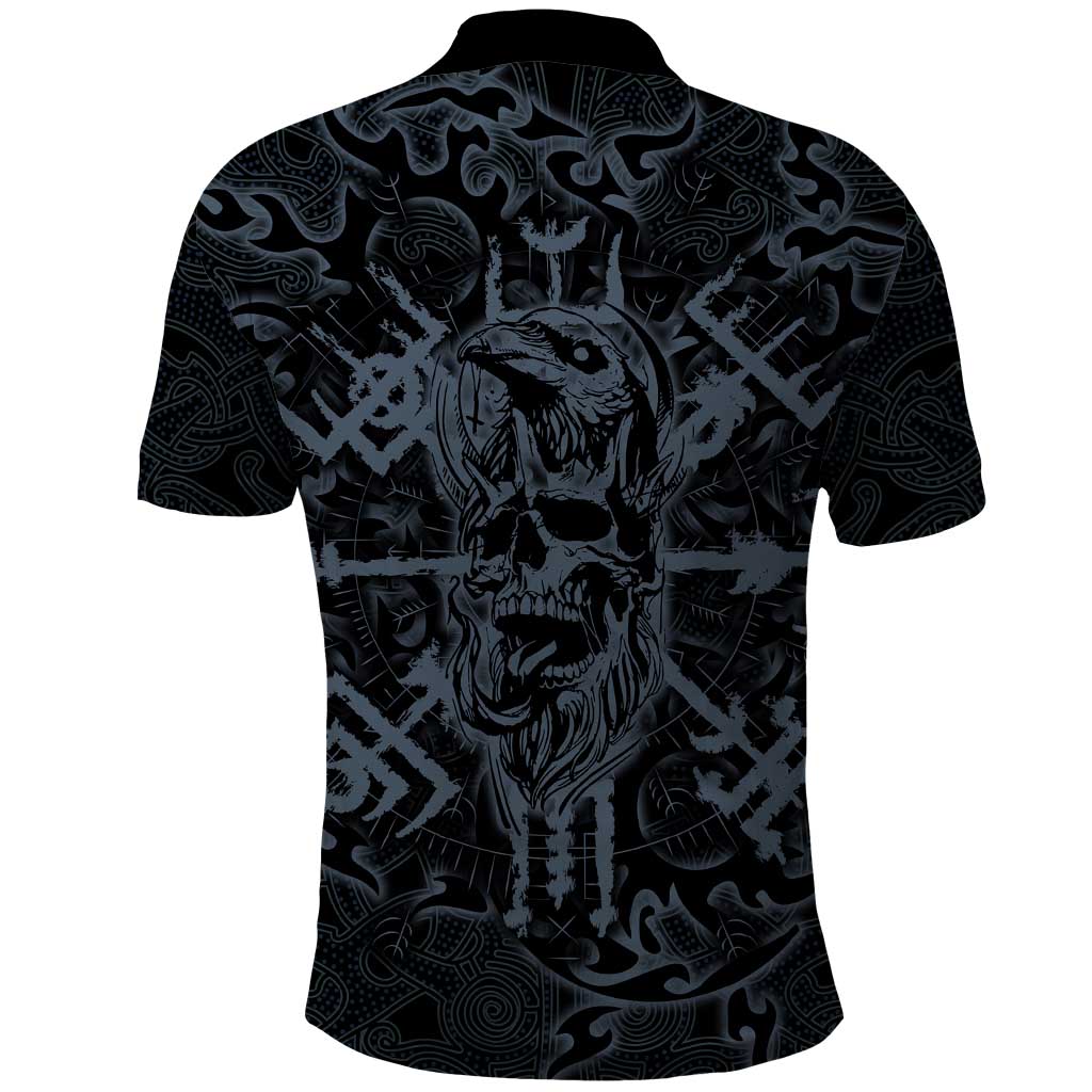 Viking Horned Skull and Raven Emblem Polo Shirt Dark Nordic Tribal Grunge Illustration