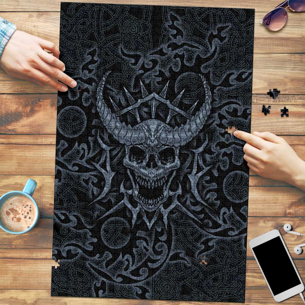 Viking Horned Skull and Raven Emblem Puzzle Dark Nordic Tribal Grunge Illustration