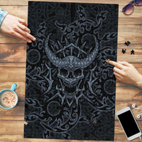 Viking Horned Skull and Raven Emblem Puzzle Dark Nordic Tribal Grunge Illustration
