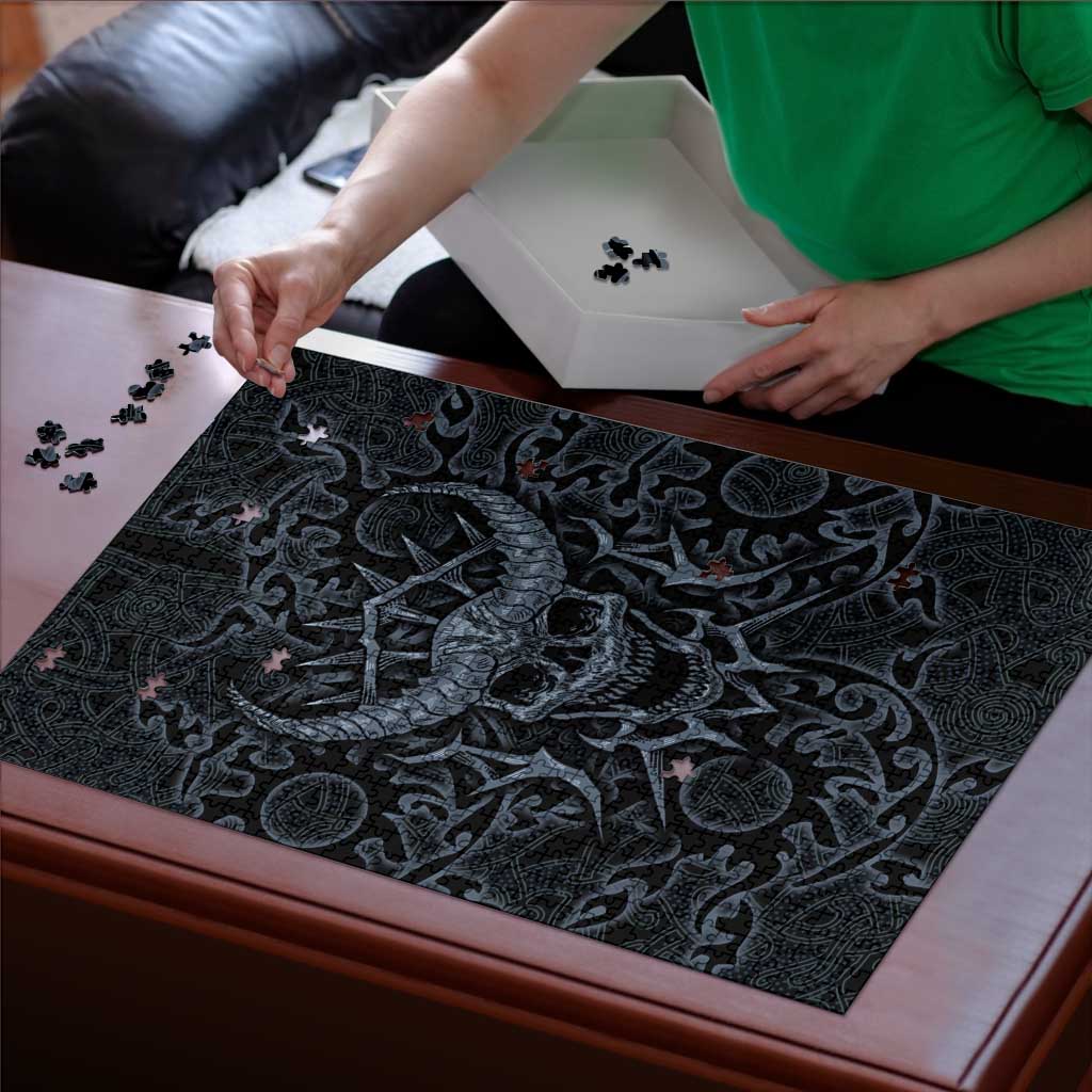 Viking Horned Skull and Raven Emblem Puzzle Dark Nordic Tribal Grunge Illustration