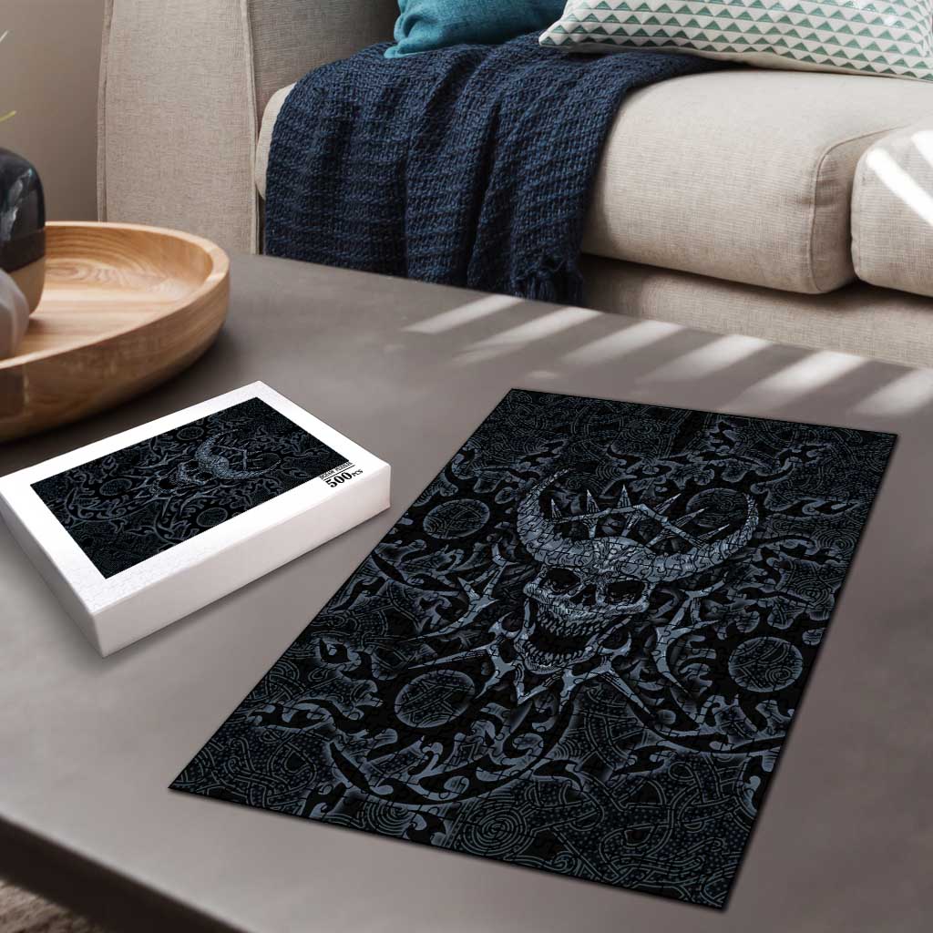 Viking Horned Skull and Raven Emblem Puzzle Dark Nordic Tribal Grunge Illustration