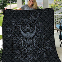 Viking Horned Skull and Raven Emblem Quilt Dark Nordic Tribal Grunge Illustration