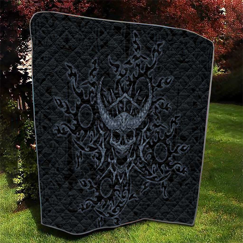 Viking Horned Skull and Raven Emblem Quilt Dark Nordic Tribal Grunge Illustration