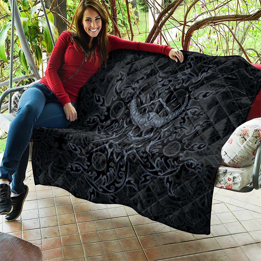 Viking Horned Skull and Raven Emblem Quilt Dark Nordic Tribal Grunge Illustration