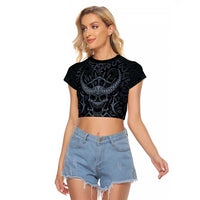 Viking Horned Skull and Raven Emblem Raglan Cropped T Shirt Dark Nordic Tribal Grunge Illustration
