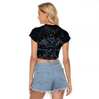 Viking Horned Skull and Raven Emblem Raglan Cropped T Shirt Dark Nordic Tribal Grunge Illustration