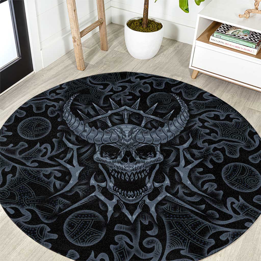 Viking Horned Skull and Raven Emblem Round Carpet Dark Nordic Tribal Grunge Illustration