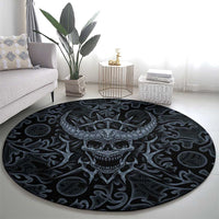 Viking Horned Skull and Raven Emblem Round Carpet Dark Nordic Tribal Grunge Illustration