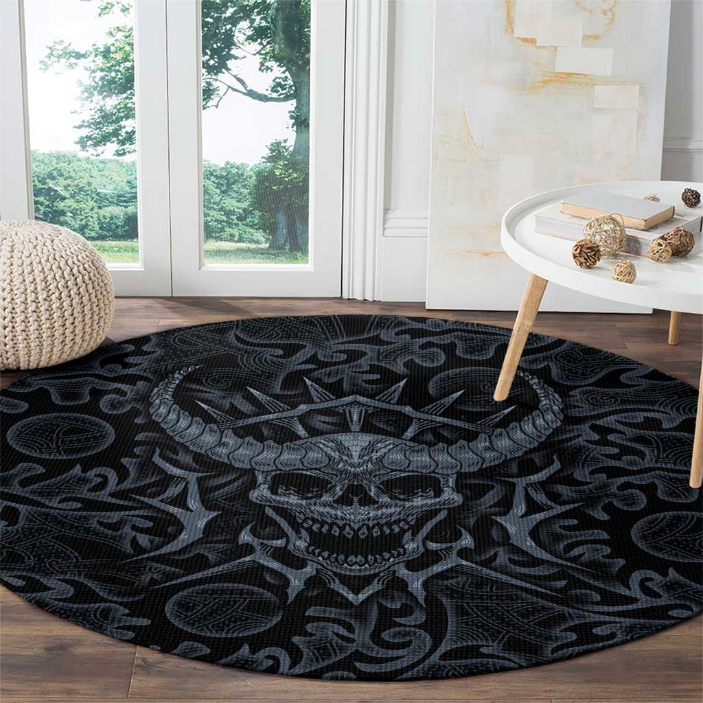 Viking Horned Skull and Raven Emblem Round Carpet Dark Nordic Tribal Grunge Illustration