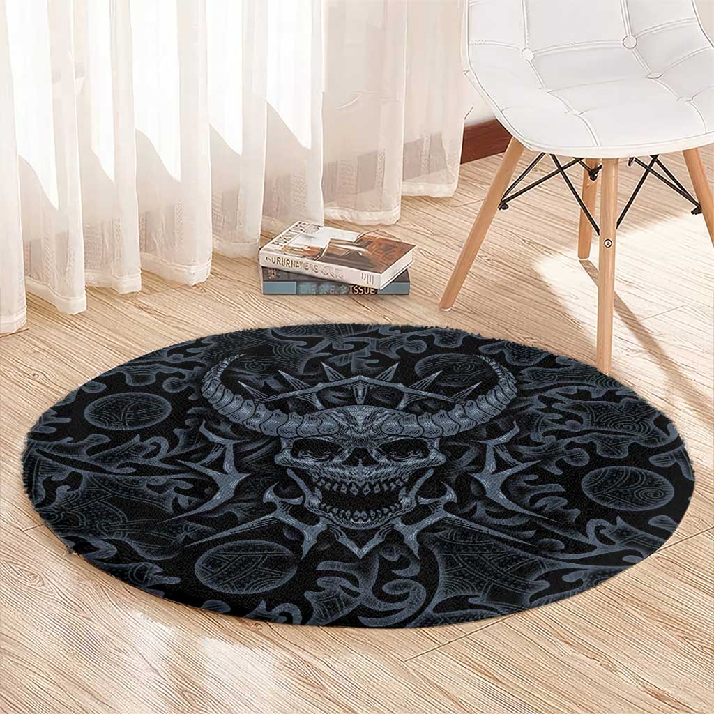 Viking Horned Skull and Raven Emblem Round Carpet Dark Nordic Tribal Grunge Illustration