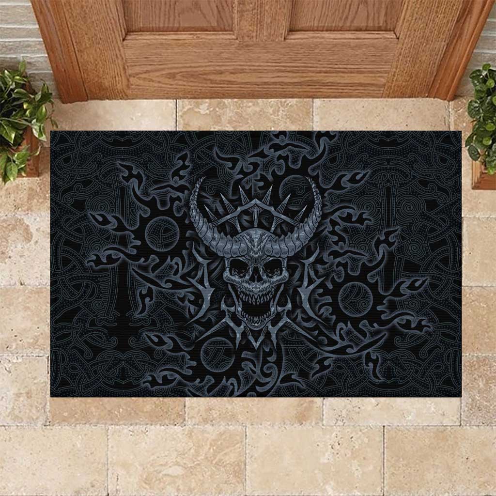 Viking Horned Skull and Raven Emblem Rubber Doormat Dark Nordic Tribal Grunge Illustration