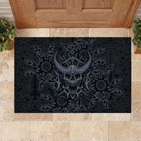Viking Horned Skull and Raven Emblem Rubber Doormat Dark Nordic Tribal Grunge Illustration