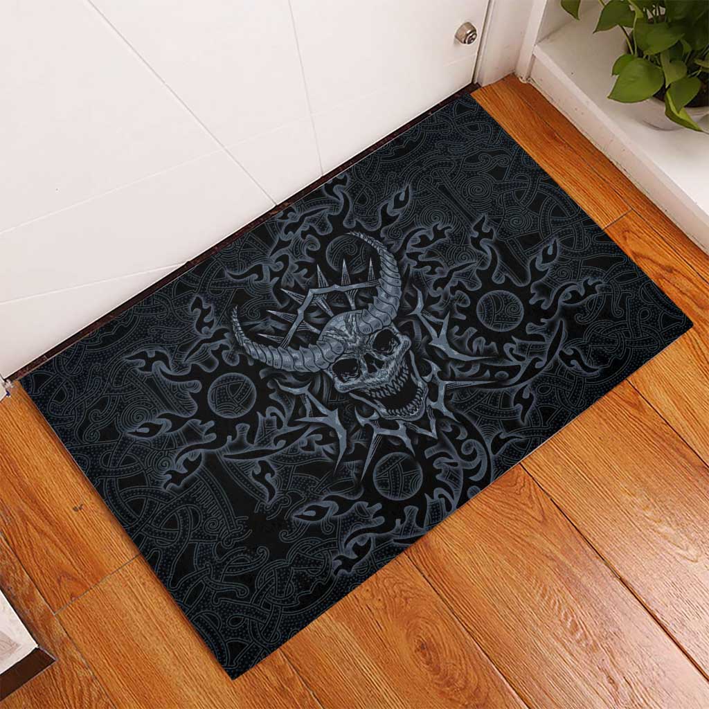 Viking Horned Skull and Raven Emblem Rubber Doormat Dark Nordic Tribal Grunge Illustration