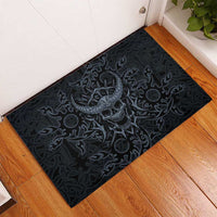 Viking Horned Skull and Raven Emblem Rubber Doormat Dark Nordic Tribal Grunge Illustration
