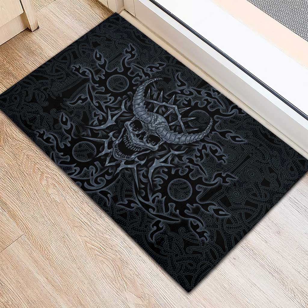 Viking Horned Skull and Raven Emblem Rubber Doormat Dark Nordic Tribal Grunge Illustration