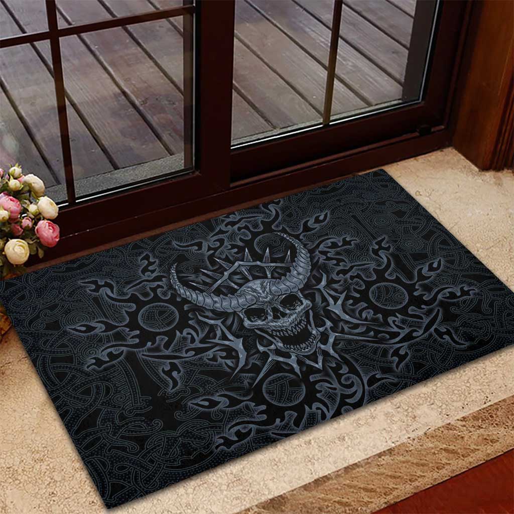 Viking Horned Skull and Raven Emblem Rubber Doormat Dark Nordic Tribal Grunge Illustration
