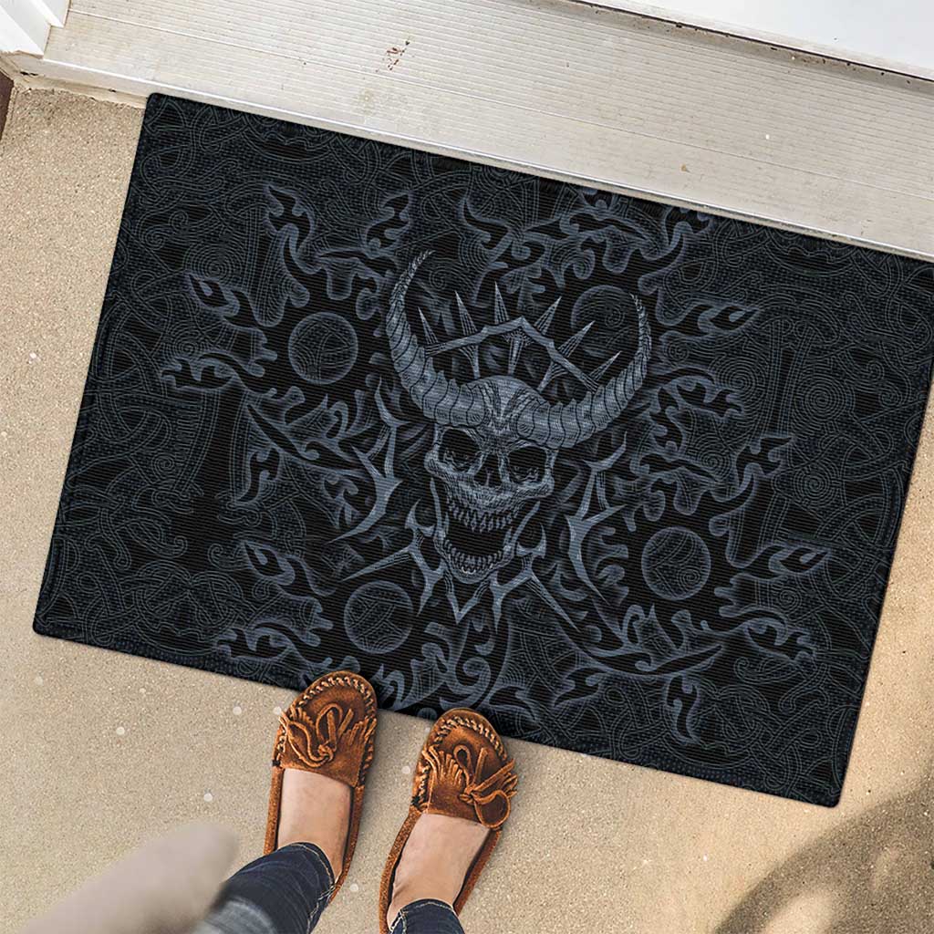 Viking Horned Skull and Raven Emblem Rubber Doormat Dark Nordic Tribal Grunge Illustration