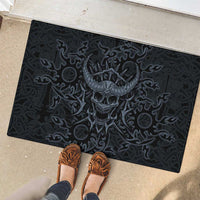 Viking Horned Skull and Raven Emblem Rubber Doormat Dark Nordic Tribal Grunge Illustration
