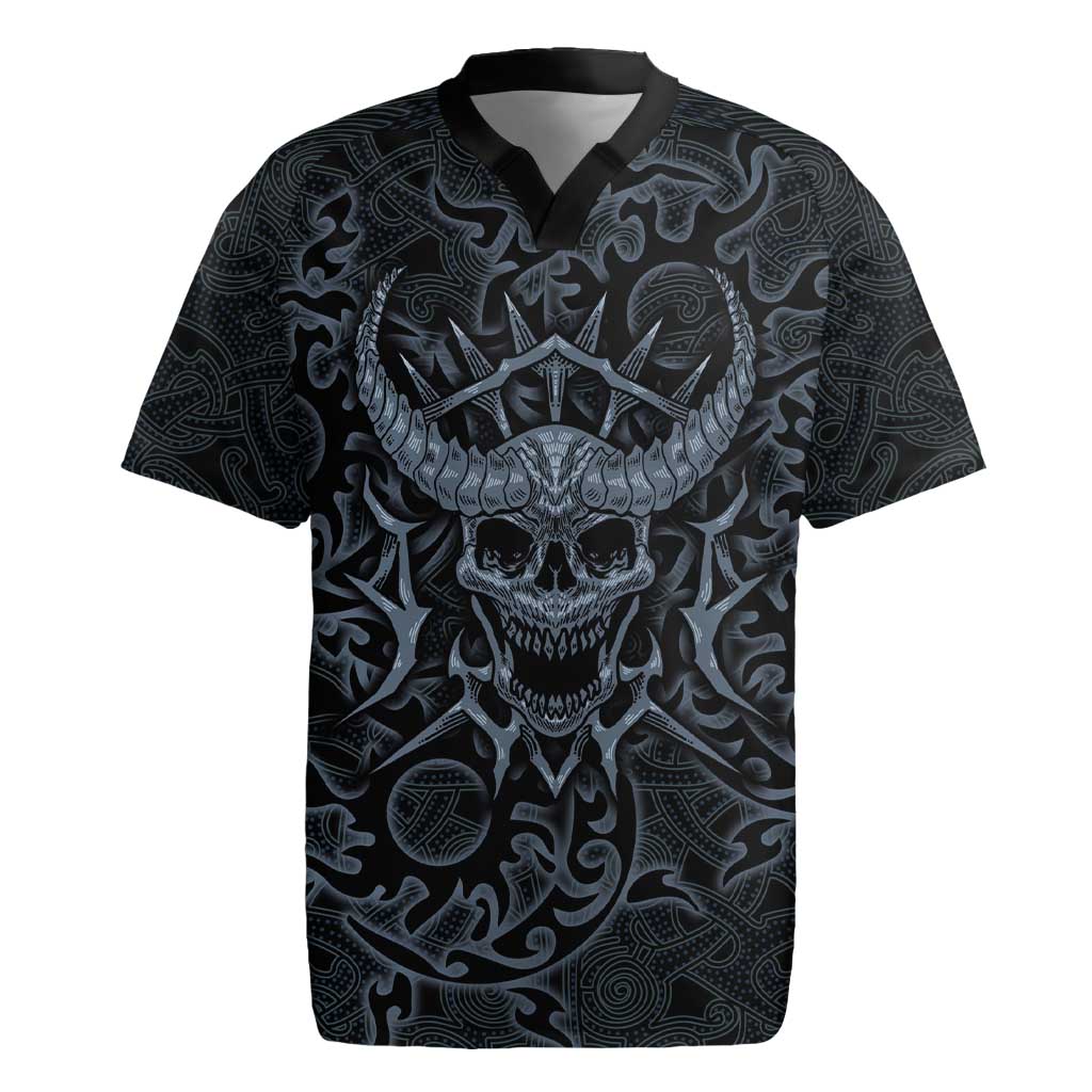 Viking Horned Skull and Raven Emblem Rugby Jersey Dark Nordic Tribal Grunge Illustration
