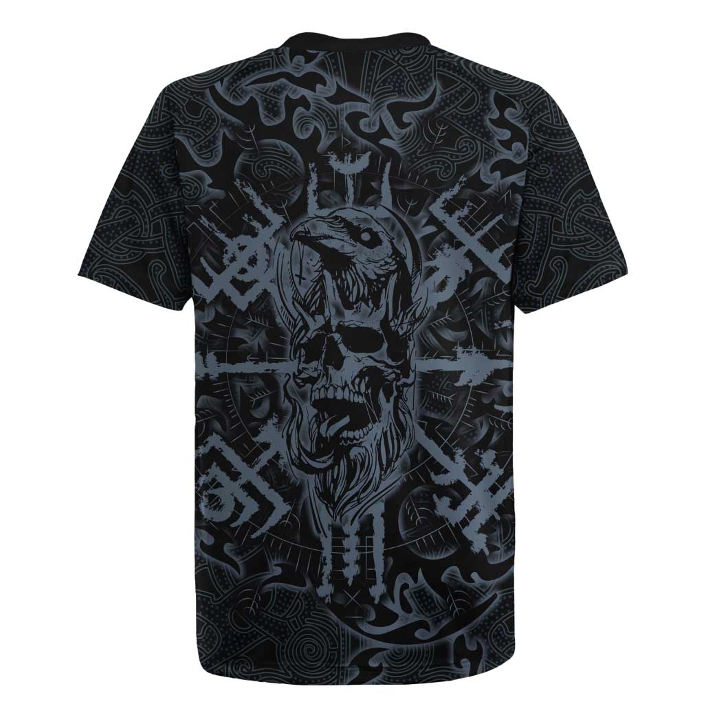 Viking Horned Skull and Raven Emblem Rugby Jersey Dark Nordic Tribal Grunge Illustration