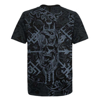 Viking Horned Skull and Raven Emblem Rugby Jersey Dark Nordic Tribal Grunge Illustration