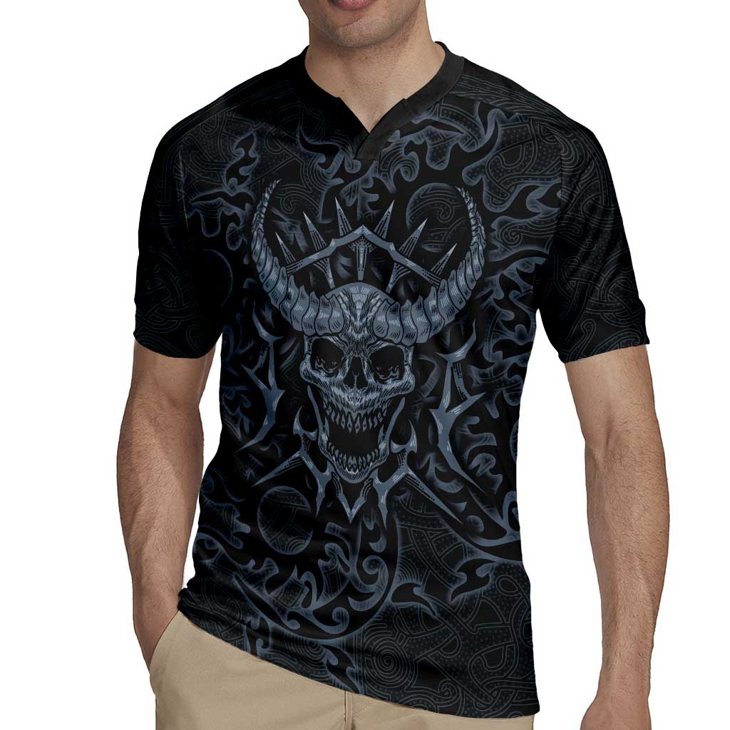 Viking Horned Skull and Raven Emblem Rugby Jersey Dark Nordic Tribal Grunge Illustration