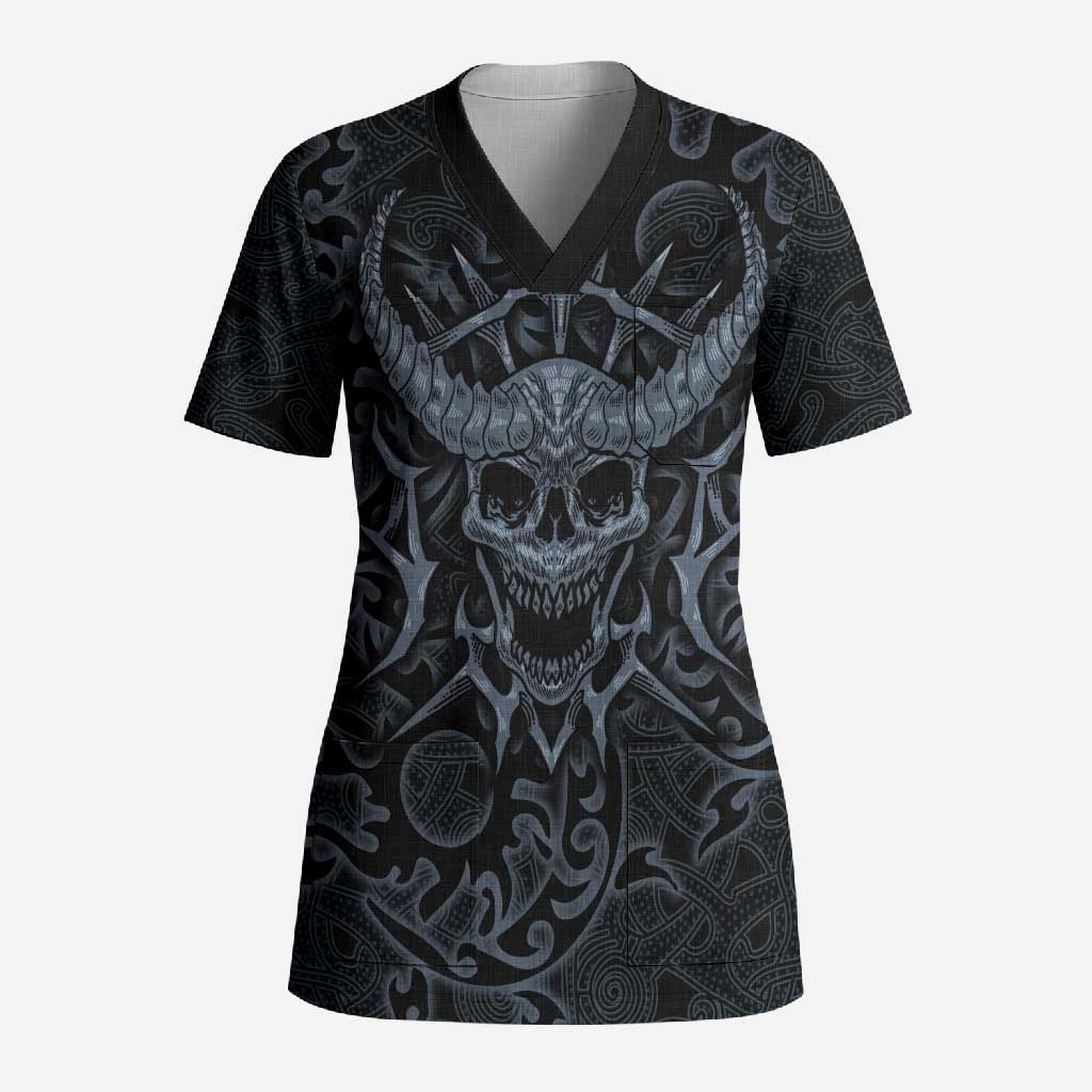 Viking Horned Skull and Raven Emblem Scrub Top Dark Nordic Tribal Grunge Illustration