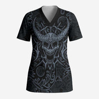 Viking Horned Skull and Raven Emblem Scrub Top Dark Nordic Tribal Grunge Illustration
