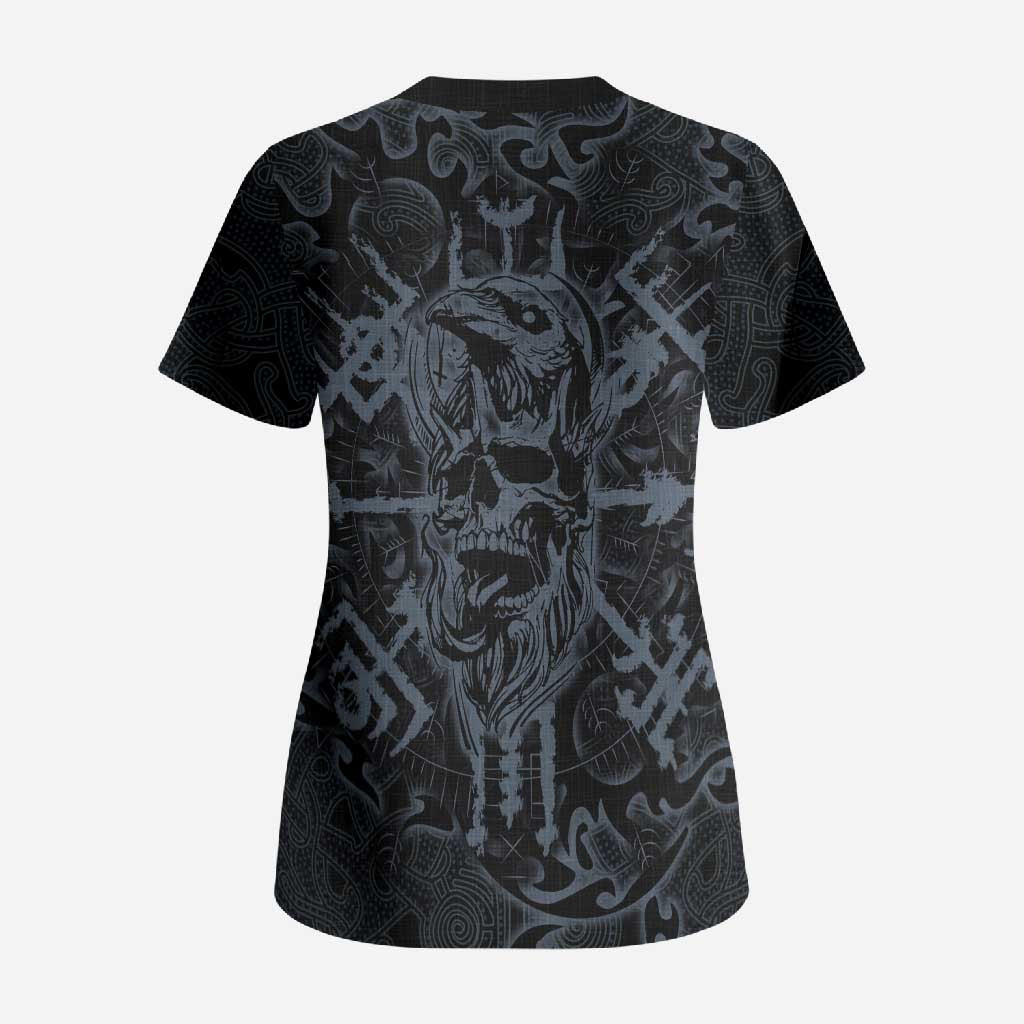 Viking Horned Skull and Raven Emblem Scrub Top Dark Nordic Tribal Grunge Illustration