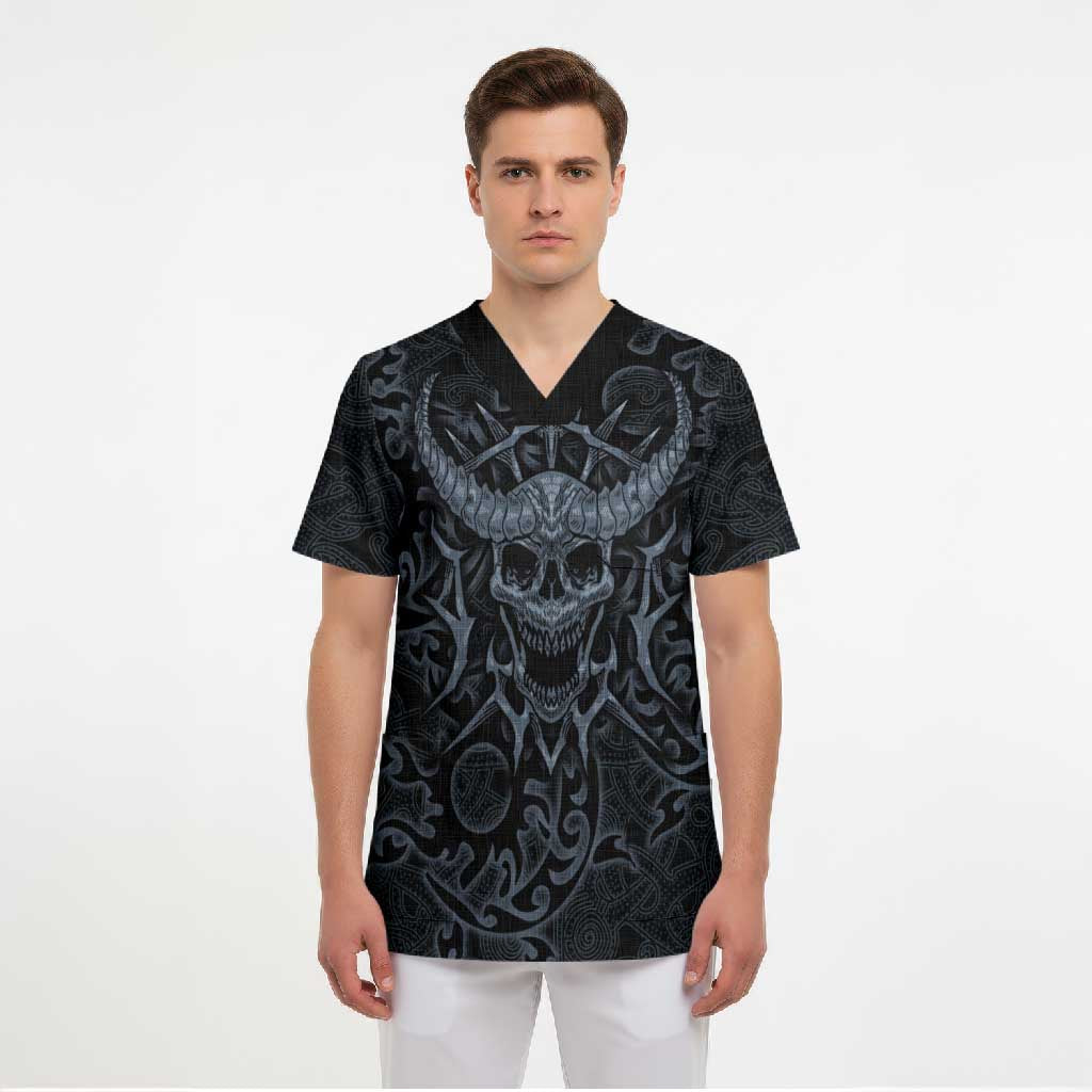Viking Horned Skull and Raven Emblem Scrub Top Dark Nordic Tribal Grunge Illustration