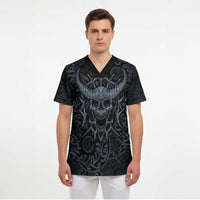 Viking Horned Skull and Raven Emblem Scrub Top Dark Nordic Tribal Grunge Illustration