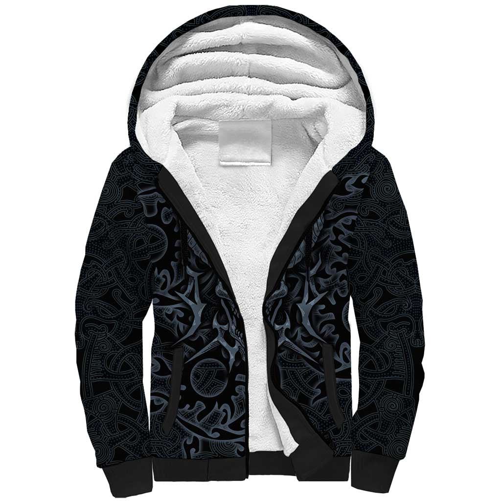 Viking Horned Skull and Raven Emblem Sherpa Hoodie Dark Nordic Tribal Grunge Illustration